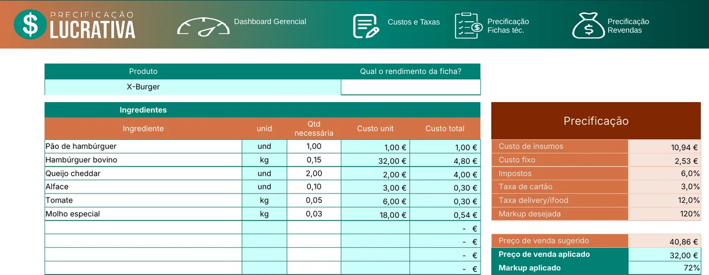 Ficha técnica com ingredientes e preço sugerido